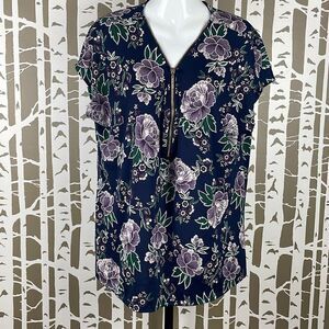 Lavish Floral Print Zip Neck Top 1X